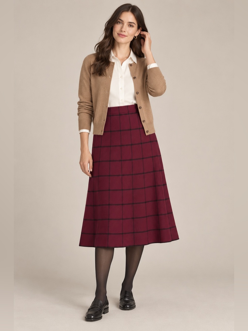 Ann Taylor Factory Womens Size Small Burgundy Black Plaid Knit A-Line Midi Skirt